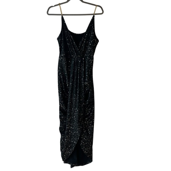 Black Sparkle Bodycon Midi Dress L Faux Wrap Gold Chain Straps, NYE Holiday Glam - Picture 4 of 10